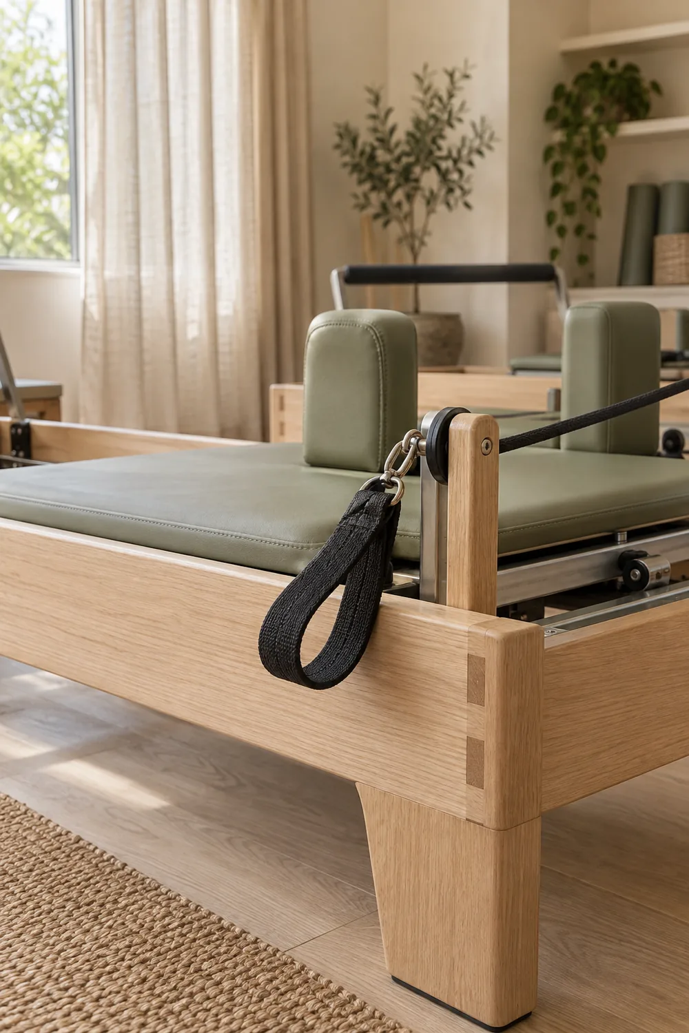 Illustrative sage upholstery and pale oak reformer detail