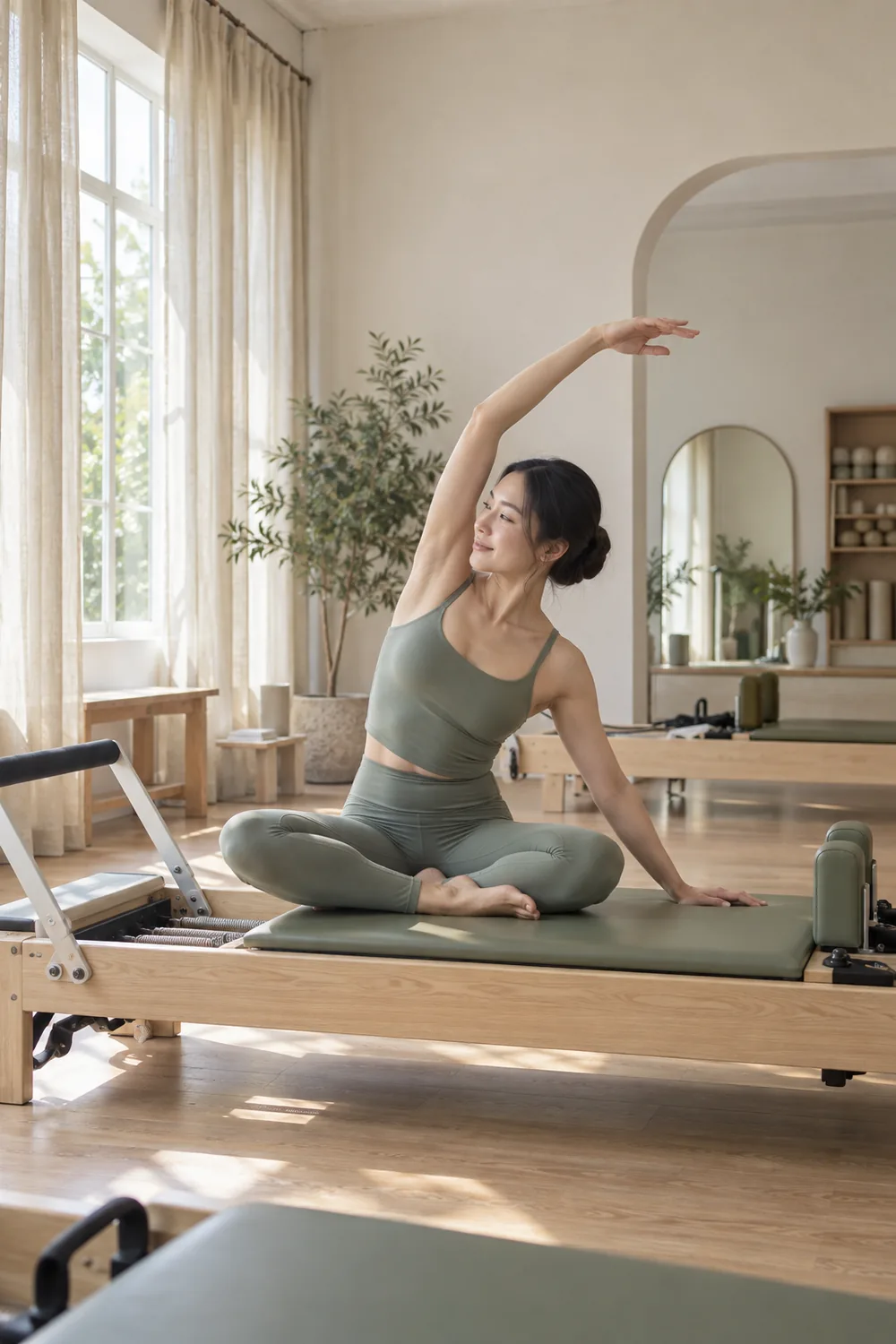 Illustrative seated stretch in a naturally lit Pilates studio
