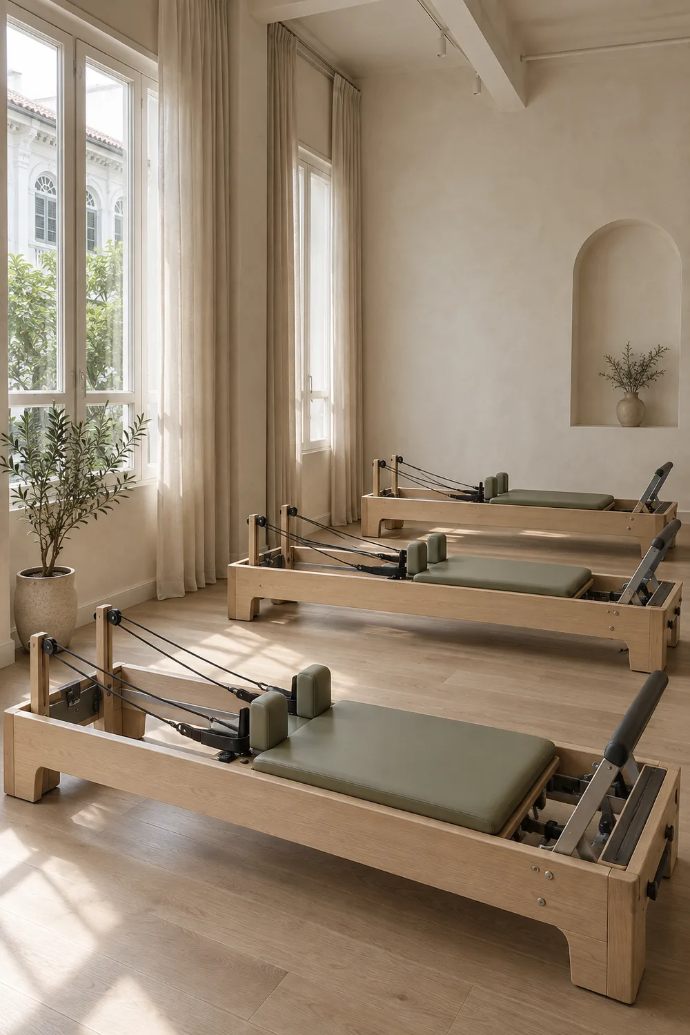 Illustrative pale oak reformers in a light boutique studio
